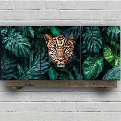 3pcs Leopard Lush Green Leaves Animal Themed Metal Print Ready to Hang Art - Bella Home Decor