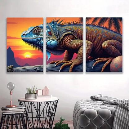 3pcs Vibrant Iguana Sunset Triptych D  Wall Art Set Canvas Framed 60x90cm - High Quality Print 100% Australian Made Wall Canvas Ready to Hang