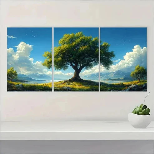 3pcs Solitary Green Tree Blue Sky Mountains  Wall Art Canvas Unframed - High Quality Print 100% Australian Made Wall Canvas - Bella Home Decor