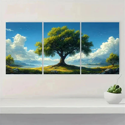 3pcs Solitary Green Tree Blue Sky Mountains  Wall Art Canvas Unframed - High Quality Print 100% Australian Made Wall Canvas - Bella Home Decor