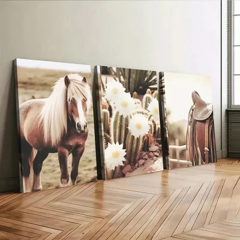 3pcs Rustic Cowboy Farmhouse Horse and Cactus  Wall Art Set Canvas Unframed - High Quality Print 100% Australian Made Wall Canvas
