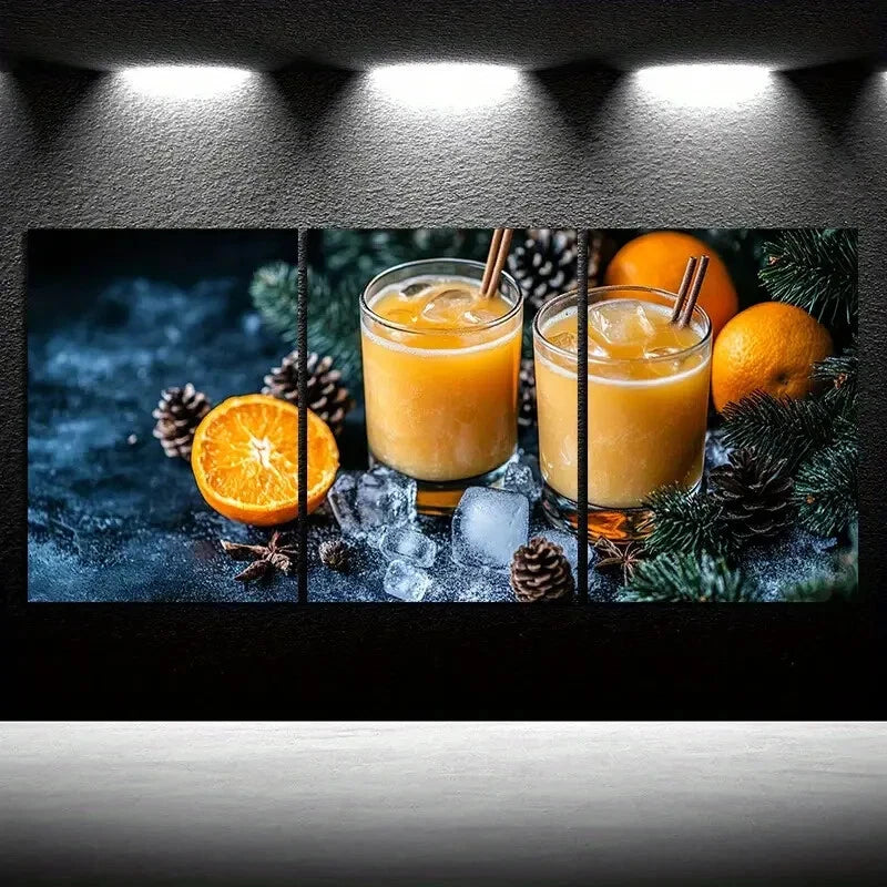 3pcs Pinecone And Orange Juice Fruits Metal Print Ready to Hang Art - Bella Home Decor