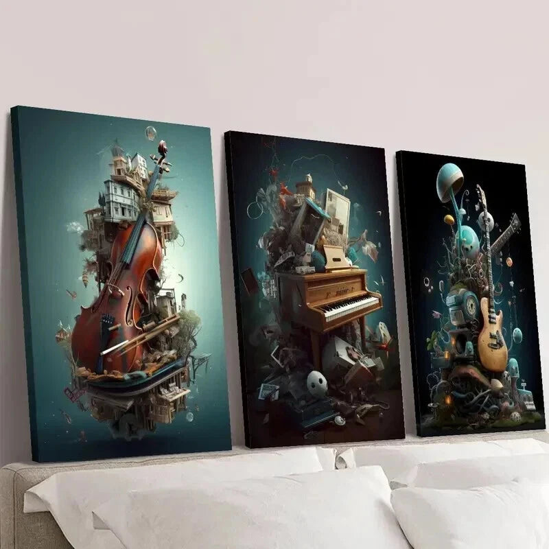 3pcs Violin Piano Guitar & Whimsical Objects Wall Art Set Canvas Framed 60x90cm - High Quality Print 100% Australian Made Wall Canvas Ready to Hang