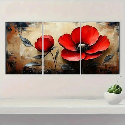 3pcs Red Flower Beige Vintage Perfect Wall Art Set Canvas Framed 50x70cm - High Quality Print 100% Australian Made Wall Canvas Ready to Hang