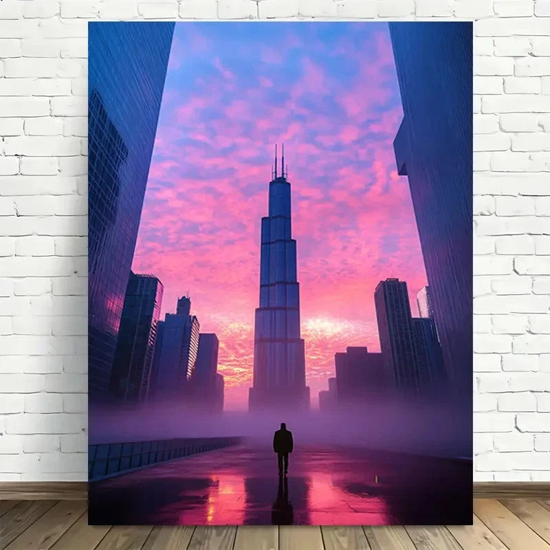 Beautiful Modern Vintage Cityscape Sunset Painting 40x60cm Metal Print Ready to Hang - Bella Home Decor