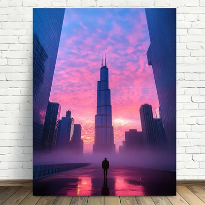 Beautiful Modern Vintage Cityscape Sunset Painting 40x60cm Metal Print Ready to Hang - Bella Home Decor