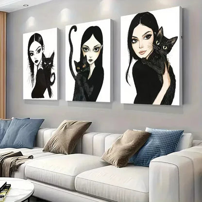 3pcs Gothic Style Girl and Black Cat Triptych Wall Art Set Wall Art Canvas Unframed - High Quality Print 100% Australian Made Wall Canvas