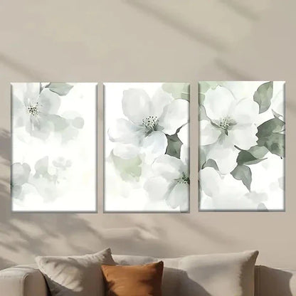 3pcs White Flower with Green Leaves Wall Art Canvas Unframed - High Quality Print 100% Australian Made Wall Canvas