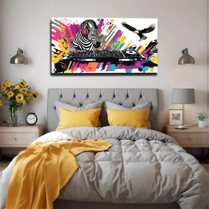 Zebra DJing With Vibrant Color Wall Art Canvas Office Home Room Framed 120x60cm