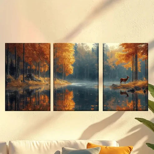 3pcs Autumn Forest Lake Deer Wall Art Set Canvas Unframed – High Quality Print 100% Australian Made Wall Canvas - Bella Home Decor