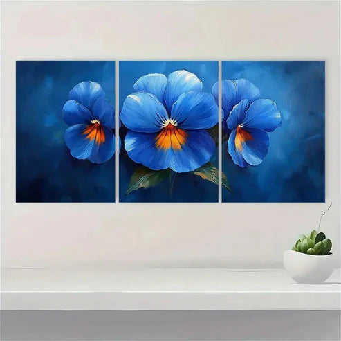 3pcs Pansy Oil Print Flowers Blue TU Canvas Wall Art Set Canvas Unframed - High Quality Print 100% Australian Made Wall Canvas