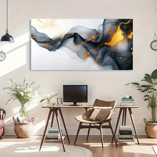Contemporary Minimalist Golden Wall Art Canvas Office Home Room Framed 120x60cm
