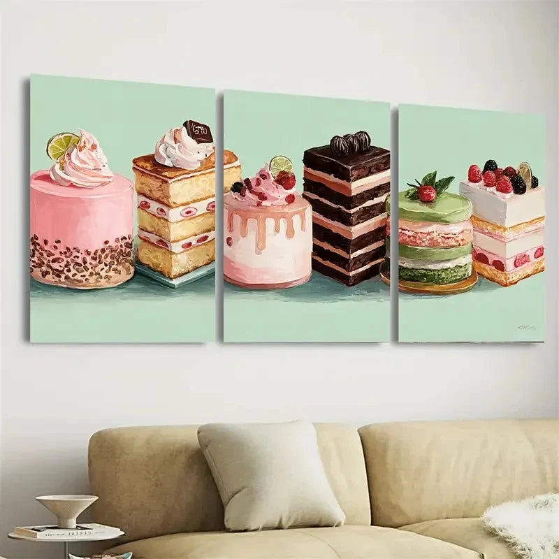 3pcs Kawaii Dessert Food Kitchen Decor Art Wall Art Set Canvas Framed 40x60cm - High Quality Print 100% Australian Made Wall Canvas Ready to Hang