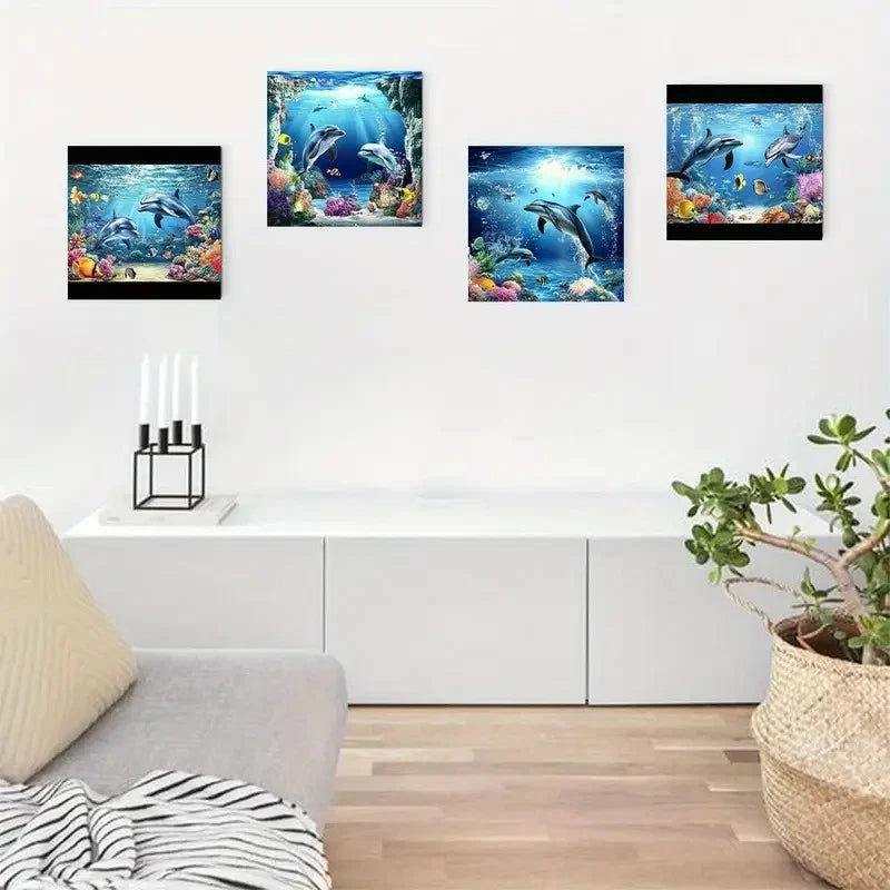 4pcs Dolphin Submarine Canvas Art Prints Wall Art Canvas Framed