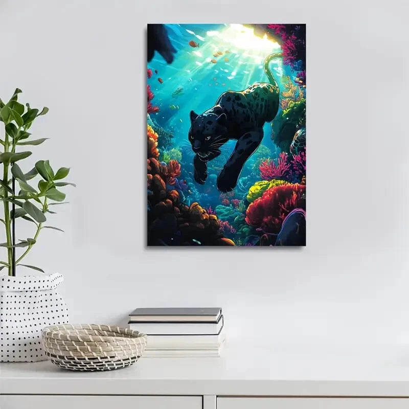 Panther Wrestling in Coral Reef Underwater Painting 40x60cm Metal Print Ready to Hang - Bella Home Decor