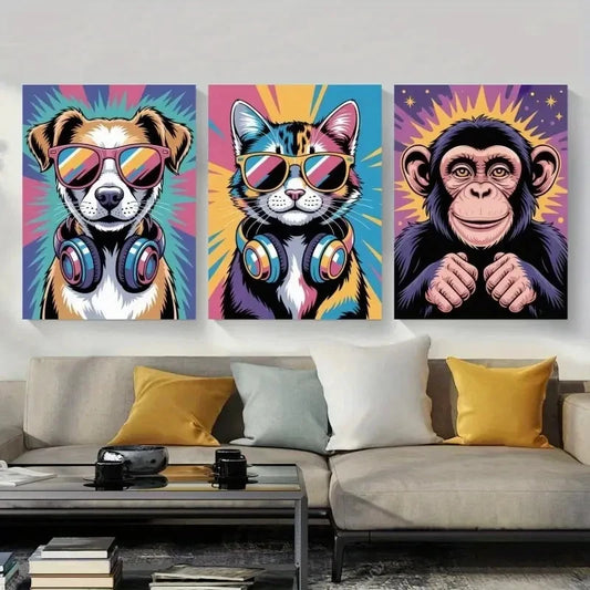 3pcs Vibrant Pop Animals Art Wall Art Set Canvas Framed 60x90cm - High Quality Print 100% Australian Made Wall Canvas Ready to Hang