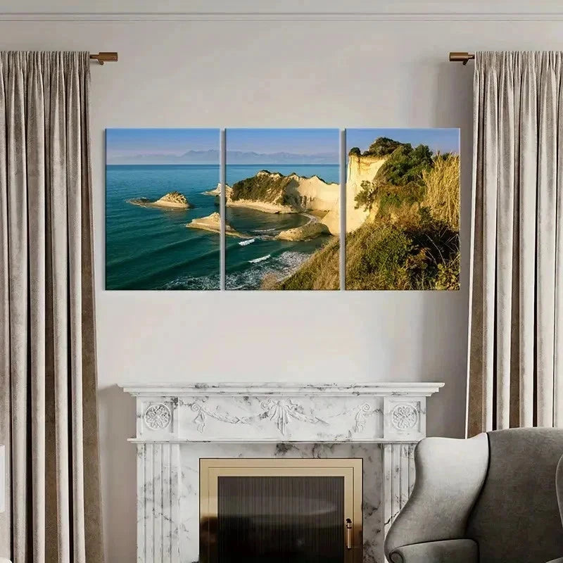 3pcs Greece Travel Cape Drastic Rocky Coast Wall Art Set Canvas Framed 50x70cm - High Quality Print 100% Australian Made Wall Canvas Ready to Hang