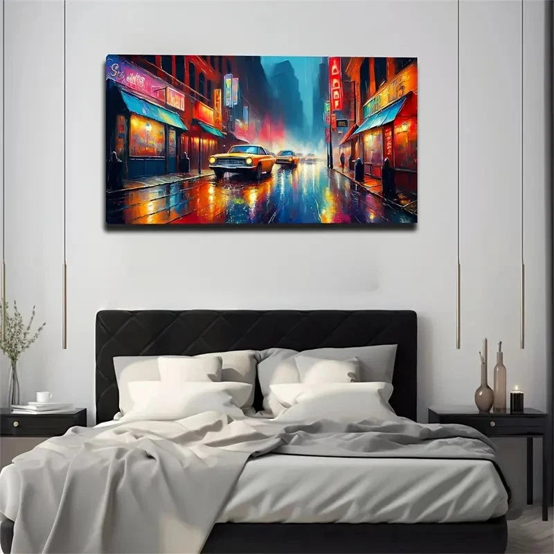 Vibrant City Street Scene Neon Wall Art Canvas Office Home Room Framed 120x60cm