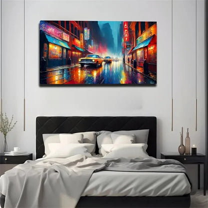 Vibrant City Street Scene Neon Wall Art Canvas Office Home Room Framed 120x60cm