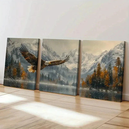 3pcs Majestic Eagle Soaring Over Snowy Mountains Wall Art Set Canvas Framed 60x90cm - High Quality Print 100% Australian Made Wall Canvas Ready to Hang