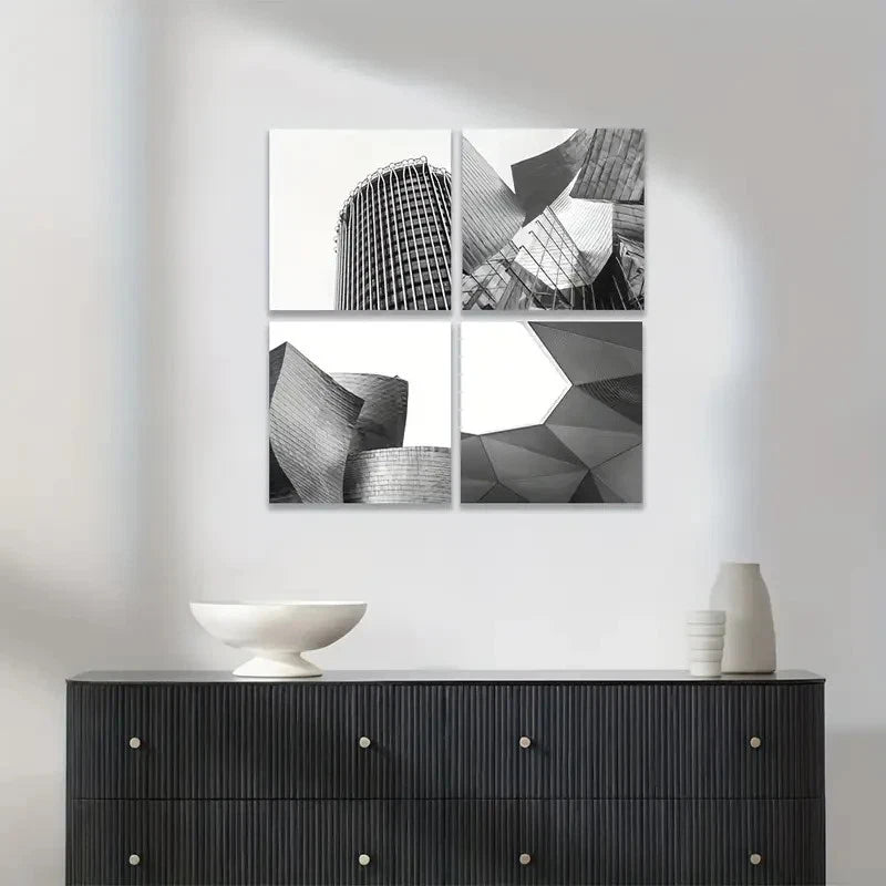 4pcs Architectural Photograph, Black And White Wall Art Canvas Framed
