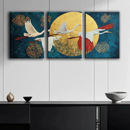 3pcs White Herons in Flight Luxurious Metal Print Ready to Hang Art