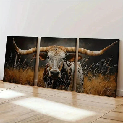 3pcs Texas Longhorn Bull Artwork Wall Art Set Canvas Framed 60x90cm - High Quality Print 100% Australian Made Wall Canvas Ready to Hang