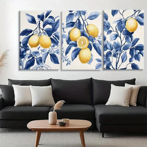 3pcs Lemon and Blue Leaf Yellow Lemon Perfect Wall Art Canvas Unframed - High Quality Print 100% Australian Made Wall Canvas