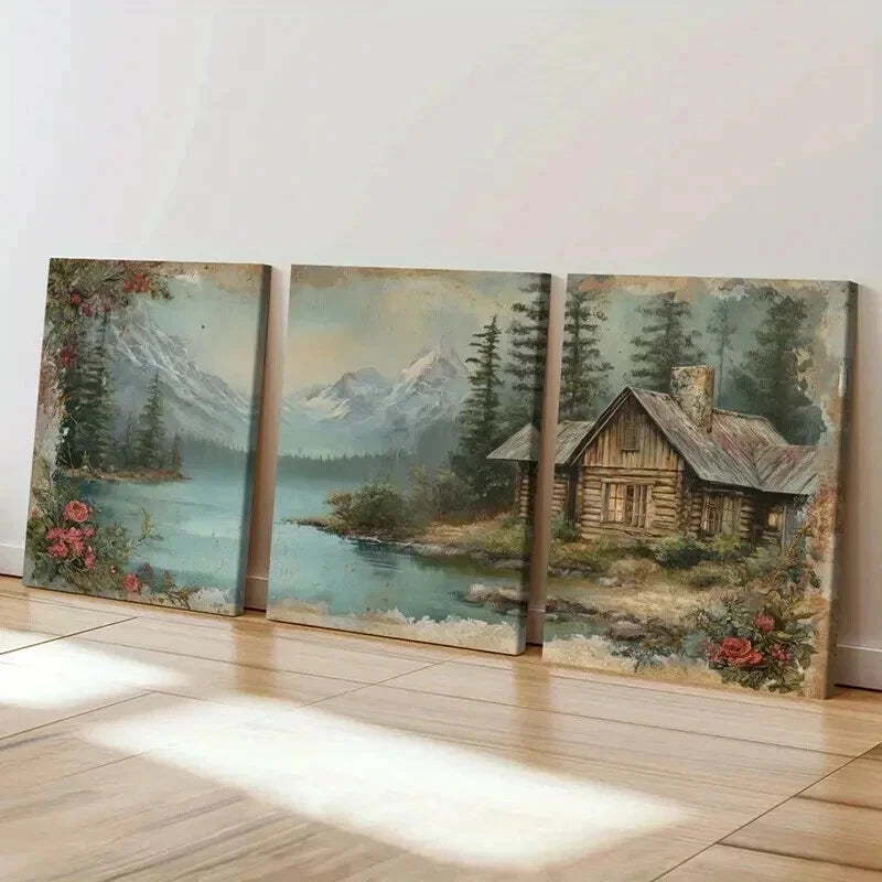 3pcs Rustic Log Cabin Lake View Snowy Mountains Wall Art Set Canvas Framed 50x70cm - High Quality Print 100% Australian Made Wall Canvas Ready to Hang - Bella Home Decor