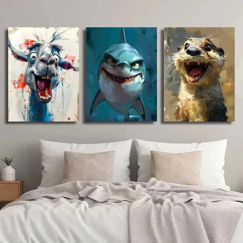 3pcs Cartoon Funny Camel Shark Otter Wall Art Set Canvas Unframed - High Quality Print 100% Australian Made Wall Canvas