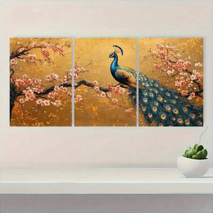 3pcs Blue Peacock Art with Golden Background G   Wall Art Set Canvas Framed 60x90cm - High Quality Print 100% Australian Made Wall Canvas Ready to Hang - Bella Home Decor