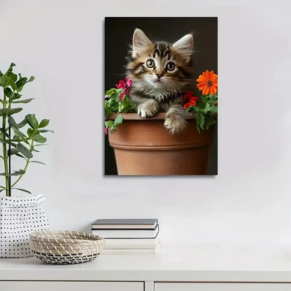 Adorable Tabby Cat Kitten with Vibrant Flower Painting 40x60cm Metal Print Ready to Hang - Bella Home Decor