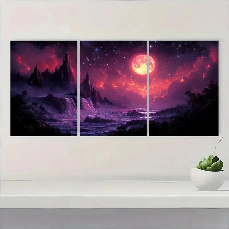 3pcs Purple and Pink Magical NM  Wall Art Set Canvas Framed 50x70cm - High Quality Print 100% Australian Made Wall Canvas Ready to Hang