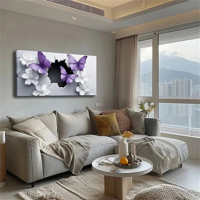 Vibrant Purple Butterflies Wall Art Canvas Office Home Room Framed 120x60cm - Bella Home Decor