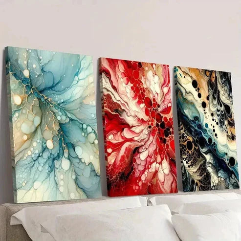 3pcs Blue Red and Black Abstract Fluid Texture Wall Art Set Canvas Unframed - High Quality Print 100% Australian Made Wall Canvas - Bella Home Decor