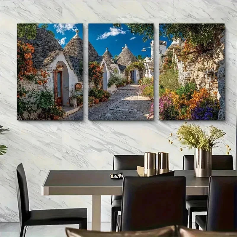 3pcs Vintage Trulli Di Alberobello Perfect Wall Art Set Canvas Framed 50x70cm - High Quality Print 100% Australian Made Wall Canvas Ready to Hang