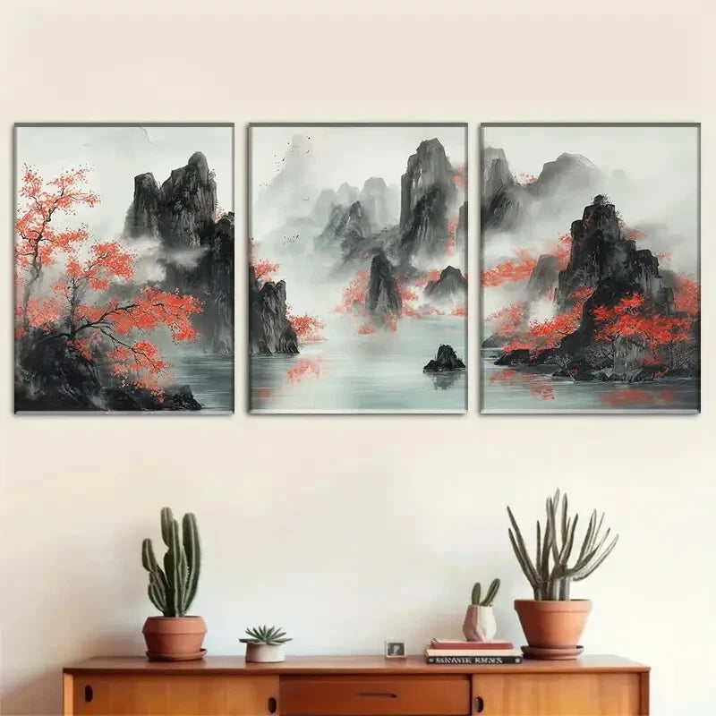 3pcs Mountain Landscape Red Swirl Décor Perfect Wall Art Set Canvas Framed 40x60cm - High Quality Print 100% Australian Made Wall Canvas Ready to Hang - Bella Home Decor