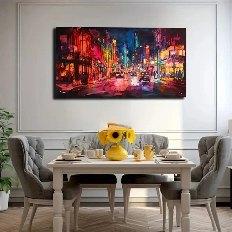 Vibrant Neon-Lit Street Scene Wall Art Canvas Office Home Room Framed 120x60cm