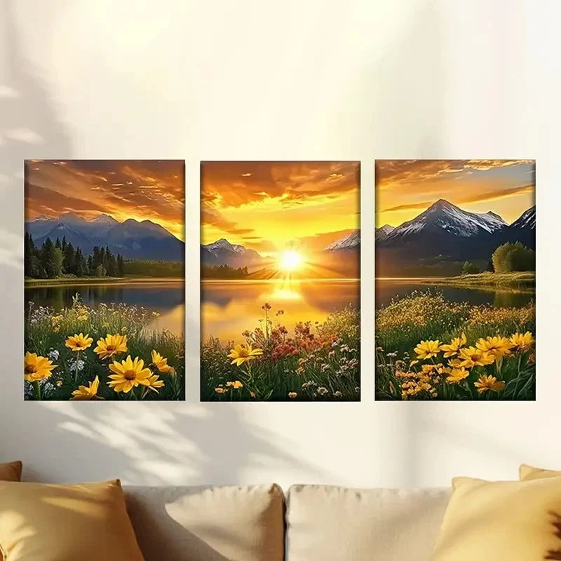 3pcs Picture of a Beautiful Sunset Over a Lake  Wall Art Set Canvas Framed 50x70cm - High Quality Print 100% Australian Made Wall Canvas Ready to Hang