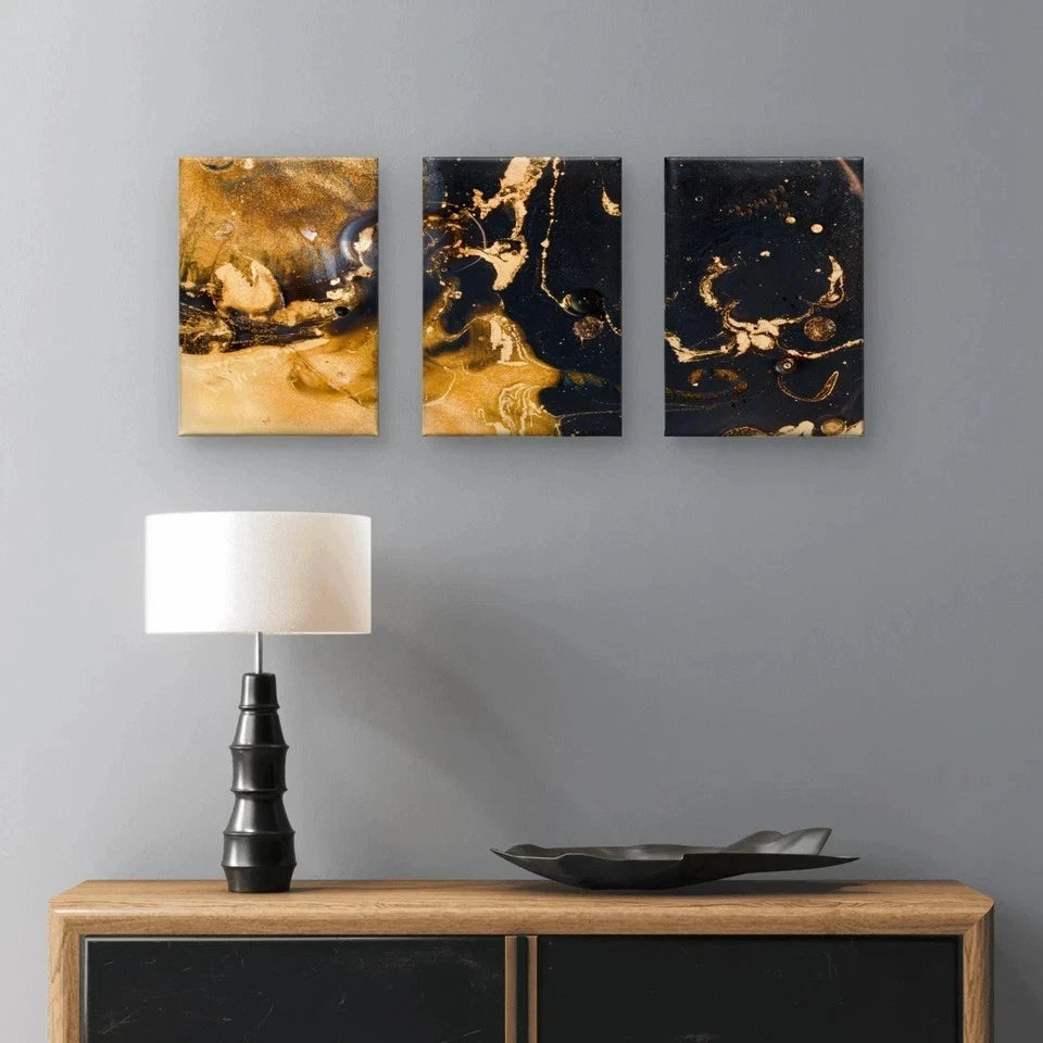 3pcs Black and Gold Fluid Ink Luxury Wall Art Wall Art Set Canvas Framed 50x70cm - High Quality Print 100% Australian Made Wall Canvas Ready to Hang