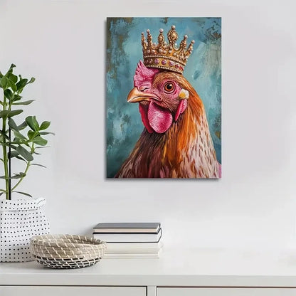 Whimsical Crowned Chicken with Gemstones Painting 40x60cm Metal Print Ready to Hang - Bella Home Decor
