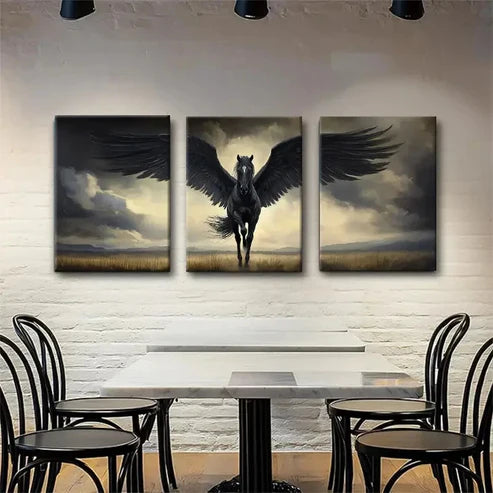 3pcs Majestic Black Pegasus in Flight Perfect Wall Art Canvas Unframed - High Quality Print 100% Australian Made Wall Canvas