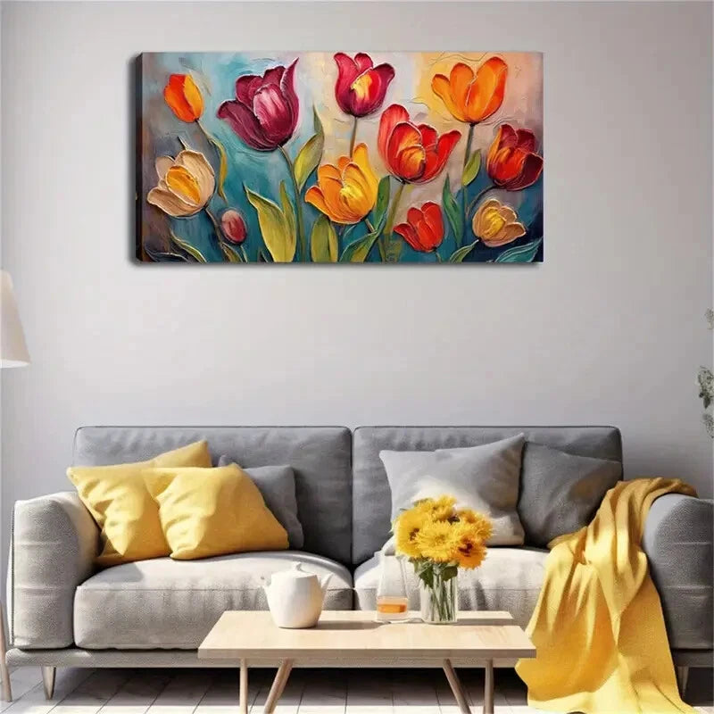 Vibrant Blooming Tulips Leaves Wall Art Canvas Office Home Room Framed 120x60cm - Bella Home Decor
