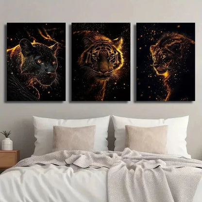 3pcs Golden Flare Lion Tiger & Panther Wall Art Set Canvas Unframed - High Quality Print 100% Australian Made Wall Canvas - Bella Home Decor