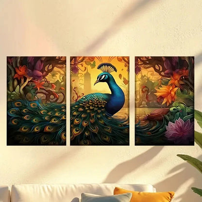 3pcs  peacock with a long tail standing  Wall Art Set Canvas Framed 50x70cm - High Quality Print 100% Australian Made Wall Canvas Ready to Hang - Bella Home Decor