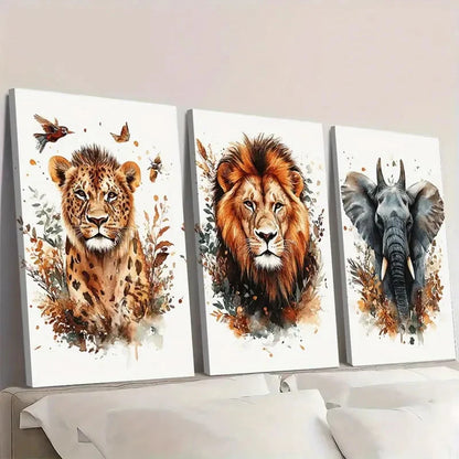 3pcs Animal Lions Elephants Giraffes Paintings Wall Art Set Canvas Framed 40x60cm - High Quality Print 100% Australian Made Wall Canvas Ready to Hang - Bella Home Decor