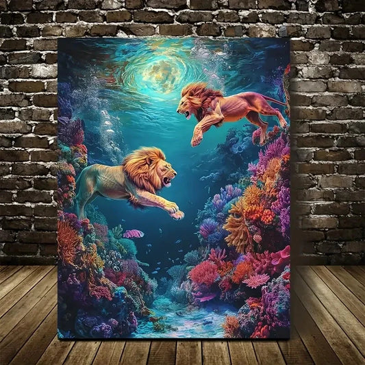 Beautiful Vibrant Lion Duo Underwater Painting 40x60cm Metal Print Ready to Hang - Bella Home Decor