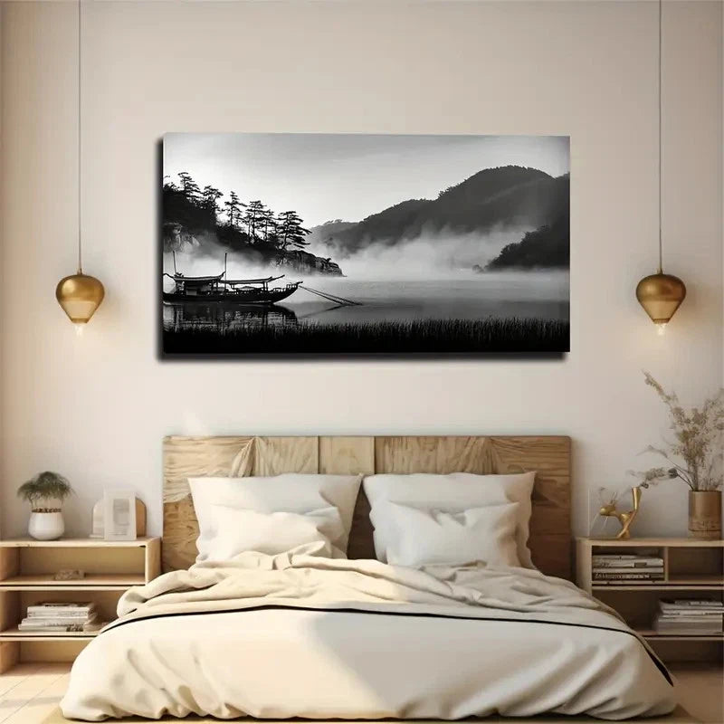 Serene Black & White Misty Wall Art Canvas Office Home Room Framed 120x60cm
