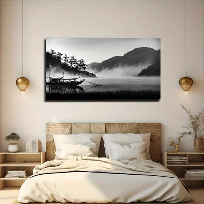 Serene Black & White Misty Wall Art Canvas Office Home Room Framed 120x60cm