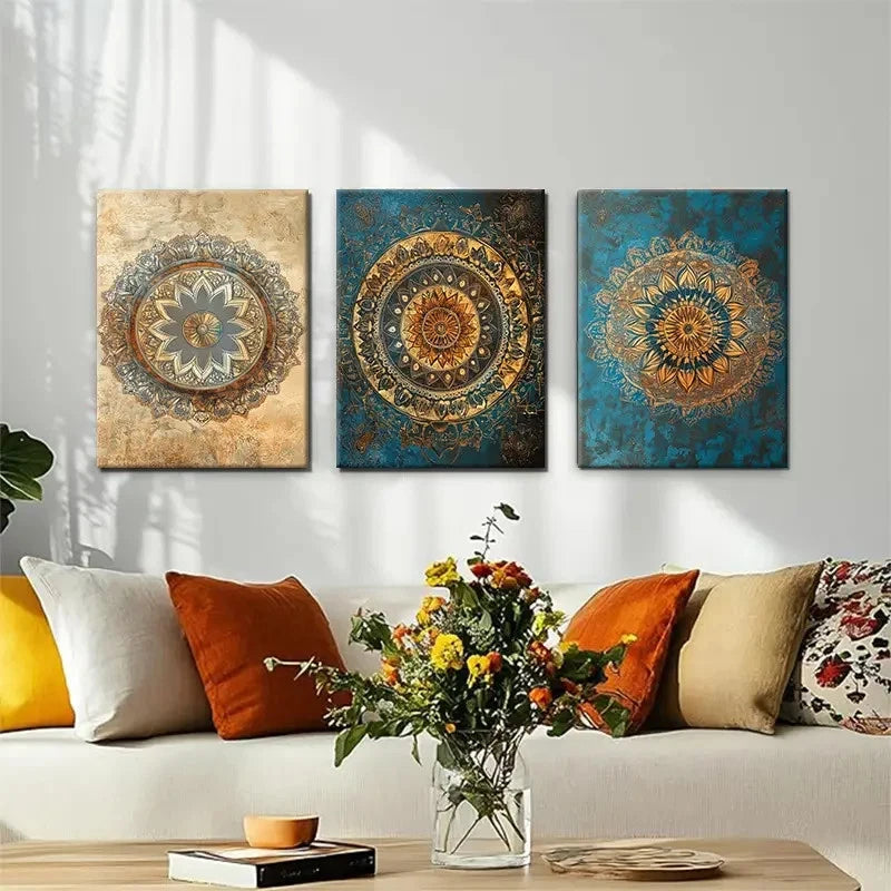 3pcs Vintage Golden and Teal Bohemian Wall Art Set Canvas Framed 60x90cm - High Quality Print 100% Australian Made Wall Canvas Ready to Hang